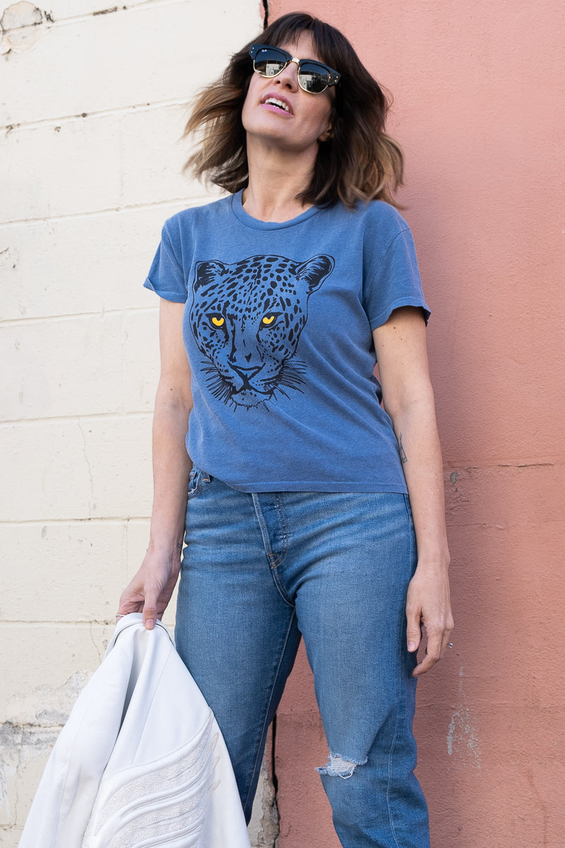 the "snow leopard" graphic tee on blue
