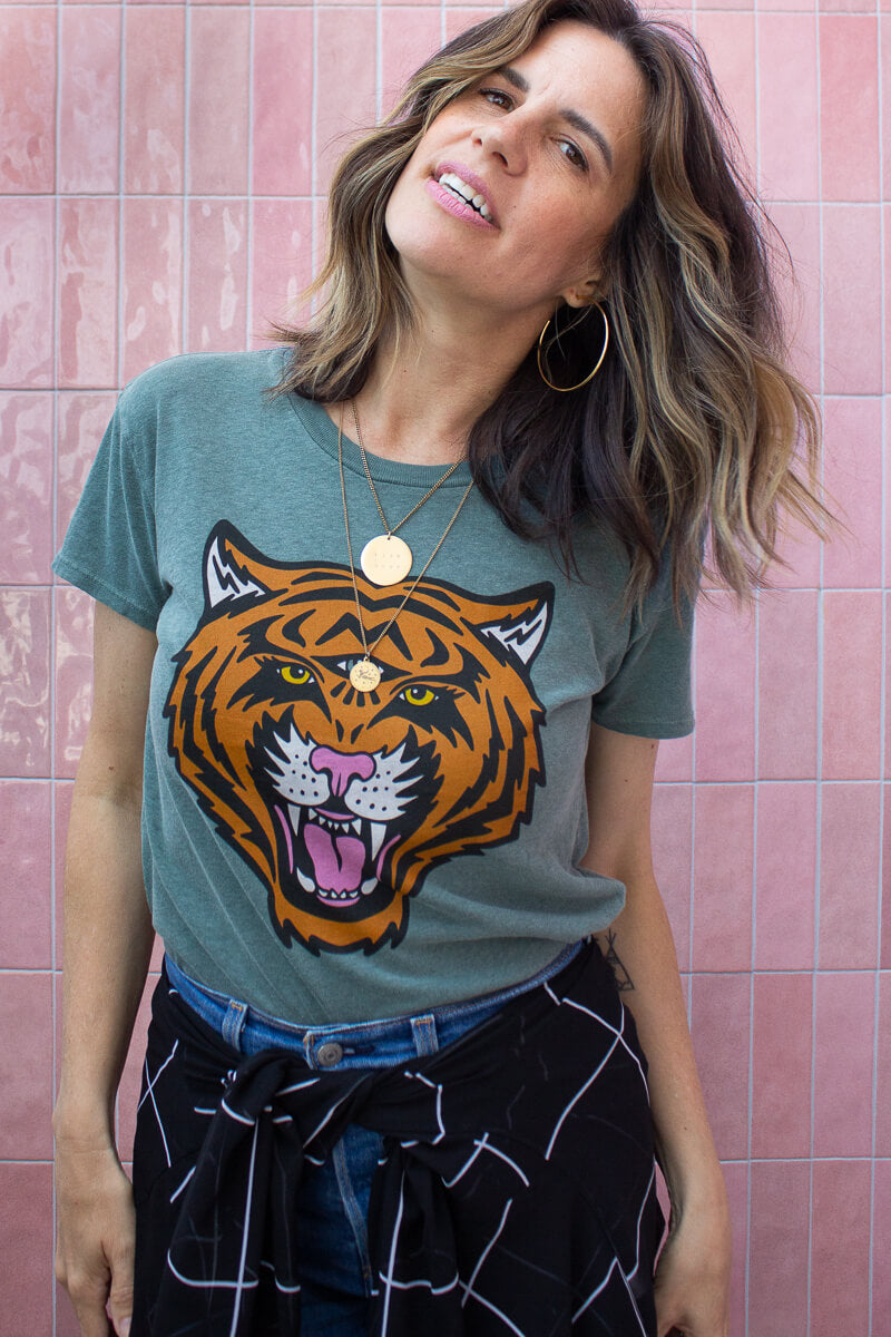 the "cosmic tiger" graphic tee on vintage green